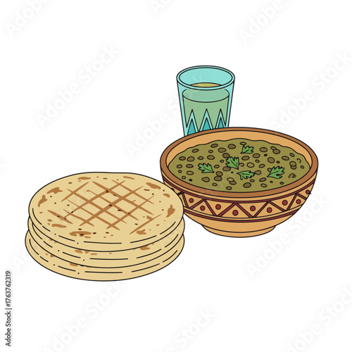 Traditional Moroccan flatbread Msemen with savory lentil soup and mint tea