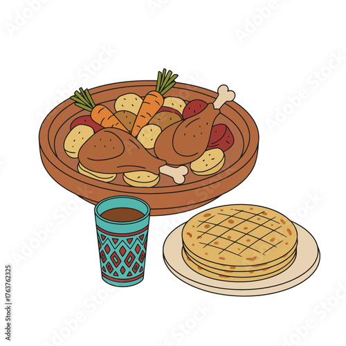 Moroccan chicken Tagine with vegetables traditional flatbread and mint tea