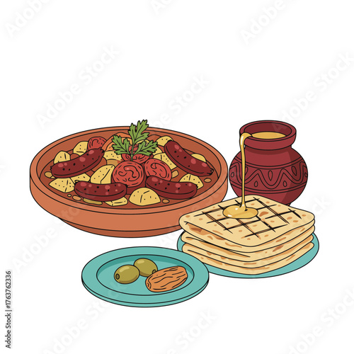 Moroccan Tagine dish with honey glazed flatbread and traditional side platter