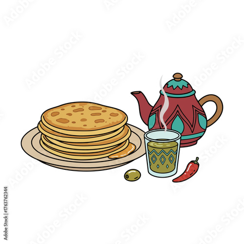 Moroccan flatbread stack with traditional tea and hot chili pepper illustration