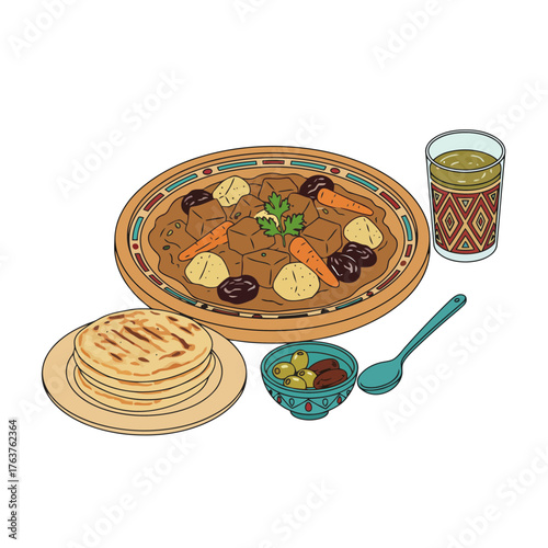Authentic Moroccan vegetable Tagine with bread and mint tea illustration