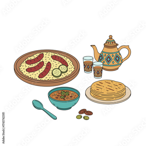 Traditional Moroccan food display with tea tagine bread illustration white background