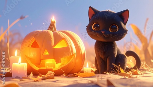 Cute Black Cat with Pumpkin
