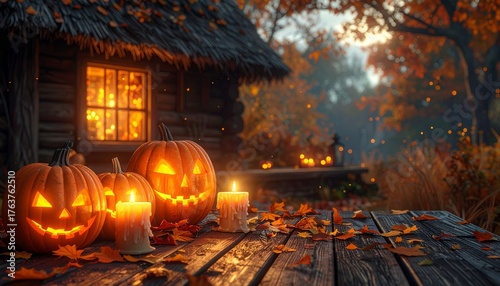 Glowing Pumpkins and Autumn Cottage 3D Illustration