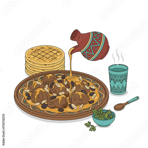 Authentic Mexican Chilaquiles Illustration with Rich Mole Sauce, Served with Corn Tortillas and Traditional Hot Drink Vector Art for Restaurant Menu and Latin American Cuisine Design