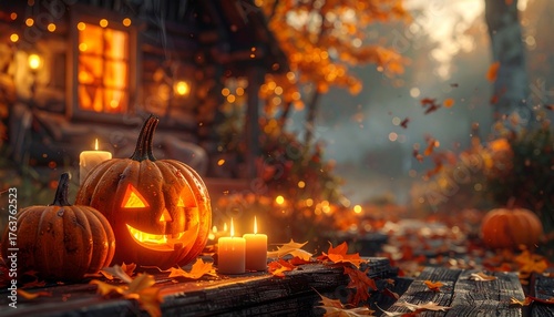 Glowing Pumpkins and Autumn Cottage 3D Illustration