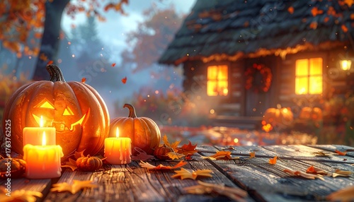 Glowing Pumpkins and Autumn Cottage 3D Illustration