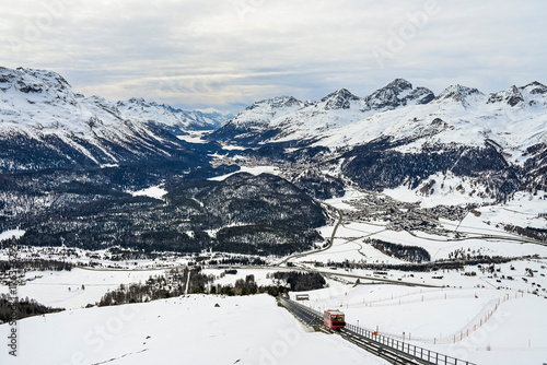 St. Moritz, St. Moritzersee, Muottas Muragl, Piz Julier, Piz Ot, Seenplatte, Stazerwald, Stazersee, Aussichtspunkt, Oberengadin, Alpen, Graubünden, Winter, Wintersport, Winterlandschaft, Schweiz