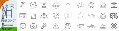 Emergency Icon Set – Symbols of Safety Equipment, Rescue Services, and Crisis Response