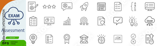 Exam & Assessment Icon Set – Symbols of Testing, Evaluation, and Academic Achievement