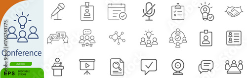 Conference Icon Set – Symbols of Event Planning, Public Speaking, and Professional Networking