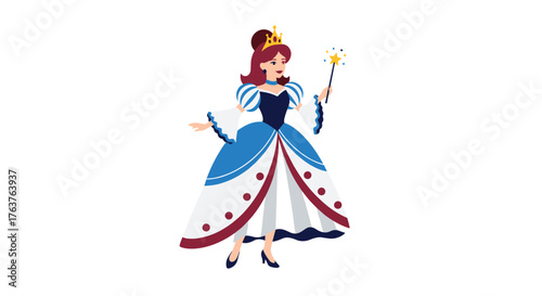 Elegant Cartoon Queen with Wand in Royal Attire.