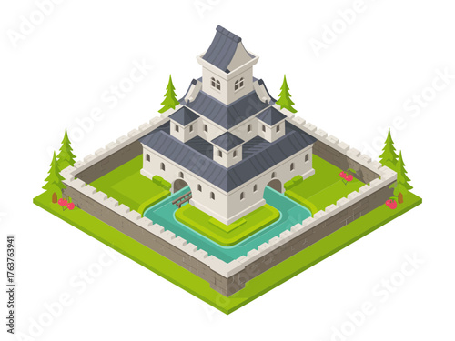 Fortified palace complex with inner moat, tiered pagoda roofs, isometric landscape tile, evergreen trees, cultural tourism destination artwork