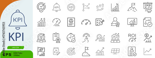 KPI Icon Set – Symbols of Business Metrics, Performance Tracking, and Strategic Analysis