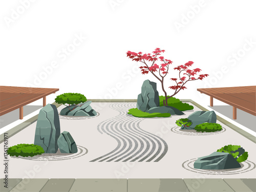 Zen garden courtyard with raked gravel patterns, bonsai tree and stones, wooden deck edges, tranquil meditation landscape illustration