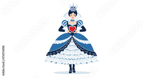 Queen of Hearts Holding Heart in Blue Dress Illustration.