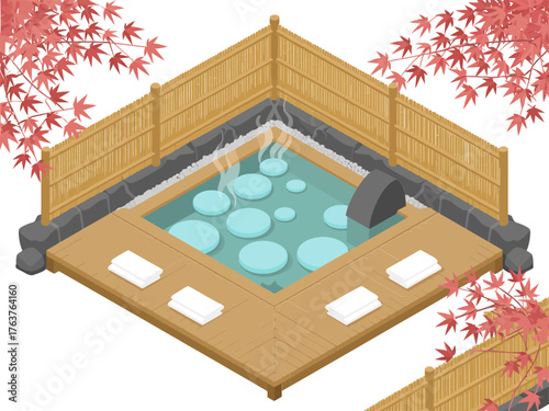 Outdoor hot spring onsen bath, wooden deck and fence, steaming water, autumn leaves, relaxation scene, isometric wellness illustration