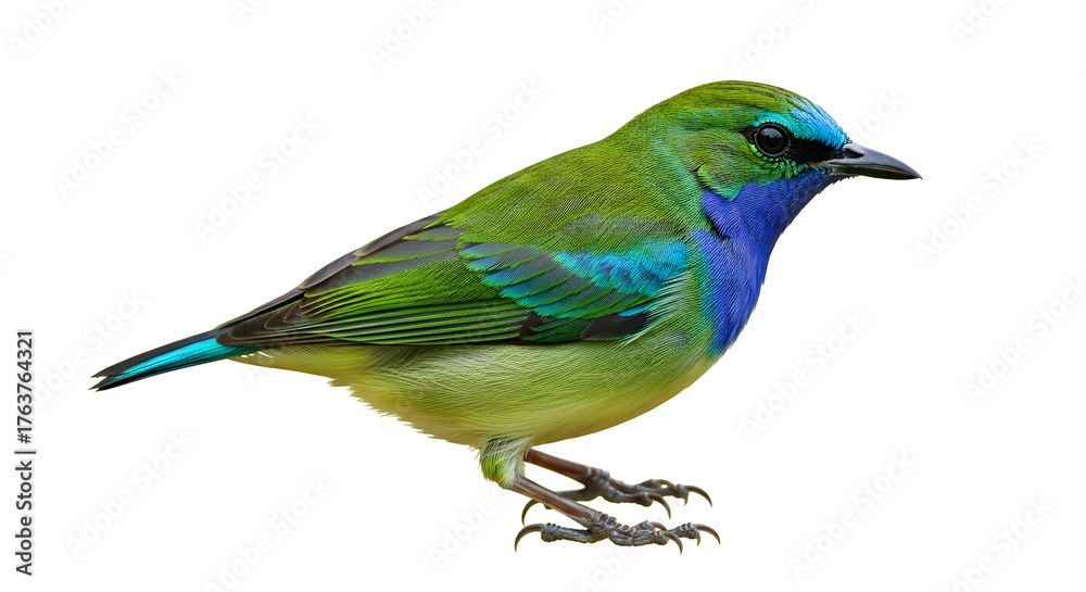 Fototapeta premium A colorful bird with vibrant green and blue feathers standing on a white background with its claws visible.