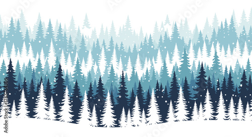 Winter Forest Landscape with Snowfall and Evergreen Trees.