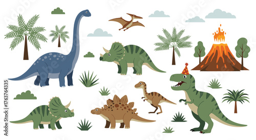 Cartoon Dinosaurs and Prehistoric Landscape Illustration.