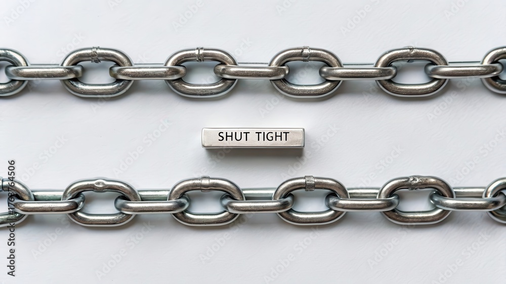 Fototapeta premium Metal chains and block with Shut Tight label on white surface