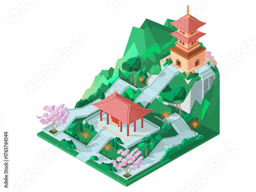 Hilltop pagoda sanctuary, stone stair pathway, cherry blossom trees, tranquil temple architecture, mountain landscape view, cultural travel illustration