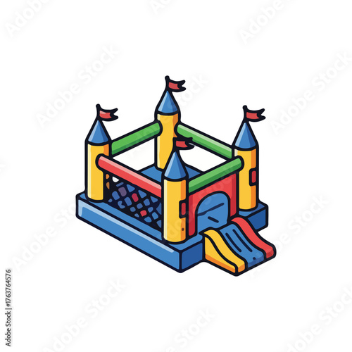 A colorful, cartoon illustration of a bouncy castle with a slide, flags, and towers.