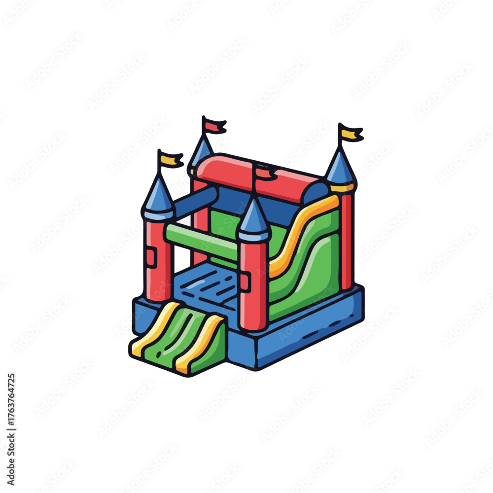 Naklejka premium A vibrant cartoon illustration of a bouncy castle featuring a slide, turrets, and flags, designed for children's play and entertainment.