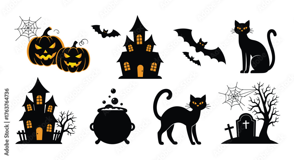 Fototapeta premium Halloween Icons - Pumpkins, Cats, Bats, Haunted Houses, and More.
