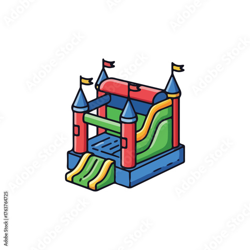 A vibrant cartoon illustration of a bouncy castle featuring a slide, turrets, and flags, designed for children's play and entertainment.