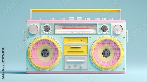 Brightly colored portable stereo music player rests against a light blue background