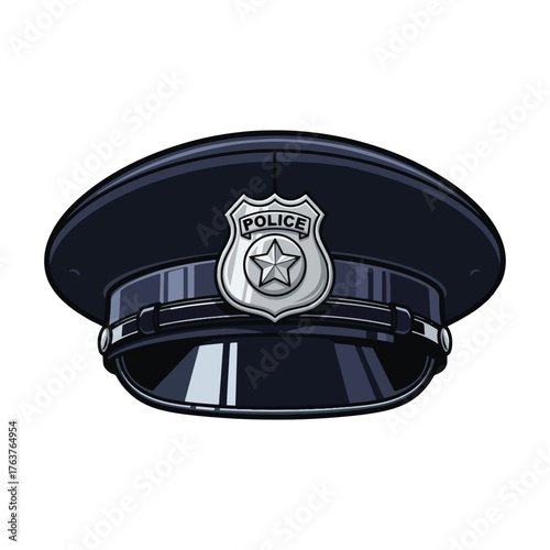 Illustration of a dark blue police officer's hat with a silver badge featuring a star emblem and the word "POLICE".