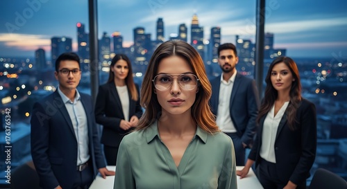 Confident Business Leader and Diverse Team in Modern City Office