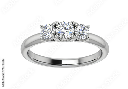 silver engagement ring with three diamonds, luxury jewelry isolated on white background