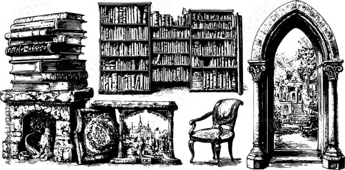 Engravings of books and antique furniture. Hand-drawn vector illustrations of a set in a library, featuring a chair, table, and bookshelf in vintage style.