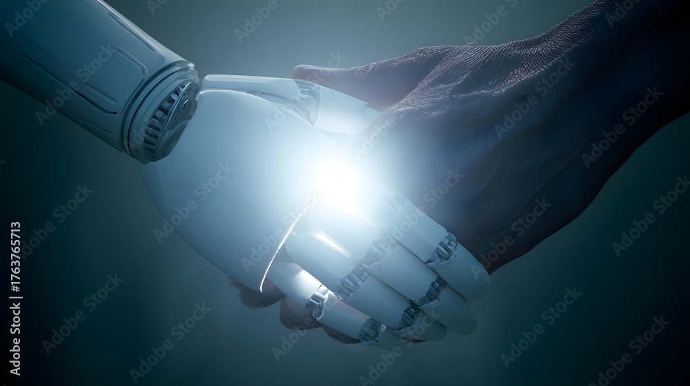 Fototapeta premium Human and artificial intelligence grasp hands in a bright symbol of partnership and collaboration