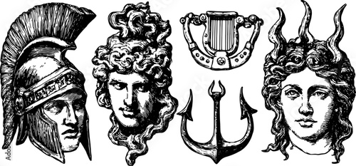 Engraving featuring antique silhouettes of a warrior, mythological figures, and a shield. Vintage line art vector illustration set.