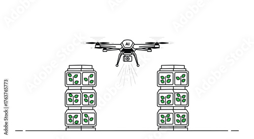 Vector art of drone spraying crops in vertical farm