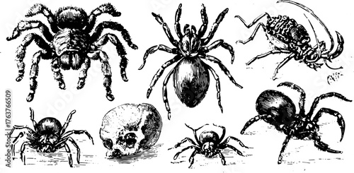 Spider illustrations in black outline style. Antique engravings of various spiders in a set, showcasing intricate details, ideal for vintage art vector illustration.