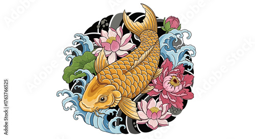 Elegance of the Koi: A Symphony of Gold, Pink Lotuses, and Fluid Water in a Modern Artwork