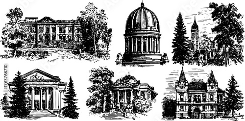 Buildings in engraved art style. Antique hand-drawn vector illustrations of architectural structures set in a scenic outdoor landscape.