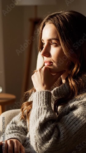 Woman relaxing in natural light indoors with neutral tones and cozy atmosphere