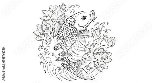 Intricate monochrome illustration featuring a koi fish swimming among lotus flowers and stylized