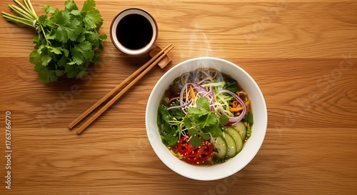 Steaming Asian Noodle Soup with Fresh Vegetables and Herbs