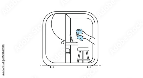 Vector art of line drawing of a person cleaning inside a modern office pod