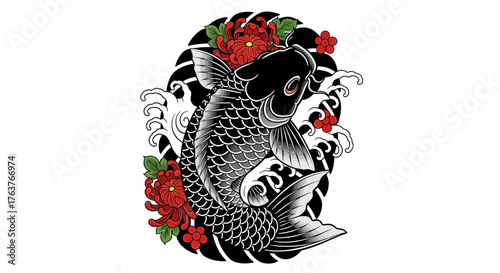 Elaborate koi fish illustration with chrysanthemum flowers and stylized waves aesthetic