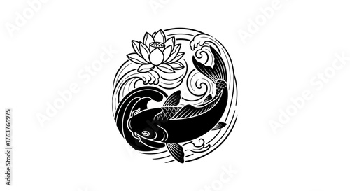Serene aquatic design featuring a stylized koi fish amidst gentle waves and lotus flower