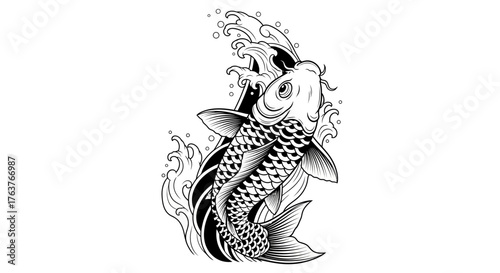 Elegant koi fish artwork with splashing waves in monochrome illustration style