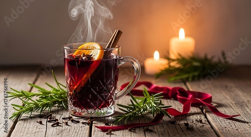 Festive Steaming Mulled Wine with Holiday Spices and Candlelight