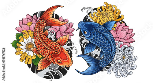 Ornamental illustration of two colorful koi fish with floral embellishments and traditional